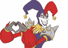 a cartoon drawing of a jester making a heart with his hands