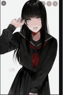 a girl with long black hair and purple eyes is wearing a black school uniform