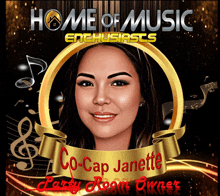 a poster for home of music enthusiasts shows a woman