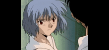 a girl with blue hair and red eyes is looking at a boy