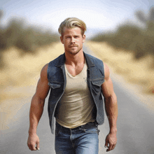 a man walking down a road wearing a denim vest