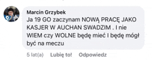 a text message from marcin grzybek in polish