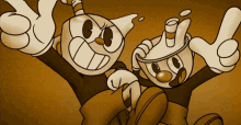 two cartoon characters are giving a thumbs up and one is holding a cup