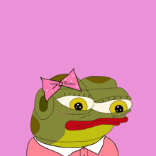 a frog with a pink bow on his head