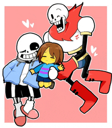 a couple of skeletons holding a little girl in their arms .