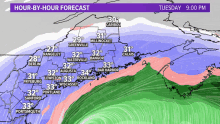 a map shows the hour by hour forecast for tuesday