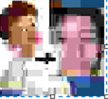 a pixel art of a man and a woman talking