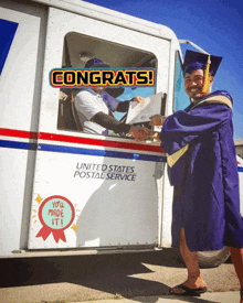 a man in a graduation cap and gown shakes hands with a postman in front of a united states postal service truck