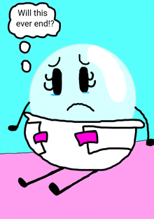 a cartoon character with a sad face and a speech bubble that says " will this ever end "