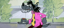 a cartoon wolf is wearing a pink shirt and tie while holding a glass of wine .