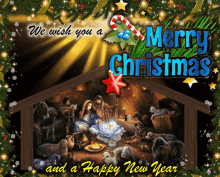 a merry christmas greeting card with a nativity scene