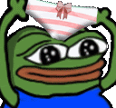 a green frog is holding a pink and white striped underwear on top of his head .