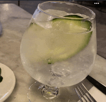 a glass with ice and a cucumber slice in it