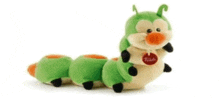 a green stuffed caterpillar with a tag that says trudi