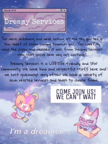 a flyer for dreamy services says come join us and we can 't wait