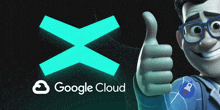 a man with glasses is giving a thumbs up in front of a google cloud logo