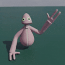 a pink cartoon character with long arms is standing on a green surface and waving .