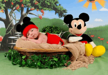 a baby laying in a basket next to a mickey mouse stuffed animal