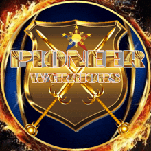 a logo for the pioneer warriors shows a shield and two crossed swords