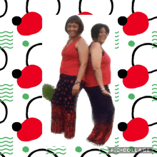 two women are standing next to each other in front of a cherry background