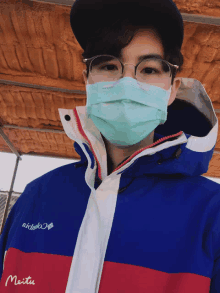 a man wearing a mask and glasses is wearing a jacket that says meitu