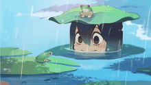 a frog is sitting on top of a lily pad with a girl in the water