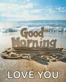 a picture of a beach with the words " good morning love you " written in the sand