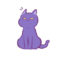 a purple cat with yellow eyes is sitting down