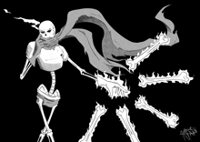 a black and white drawing of a skeleton with a cape and bones