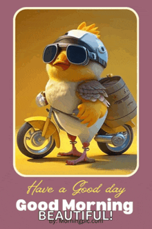 a picture of a chicken on a motorcycle with the words have a good day good morning beautiful below it