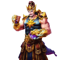 a man in a warrior costume is holding a purple object in his hand .