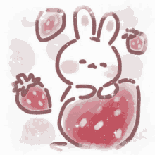 a drawing of a rabbit holding a strawberry and a heart