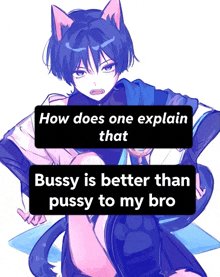 a drawing of a boy with cat ears and the words how does one explain that bussy is better than pussy to my bro