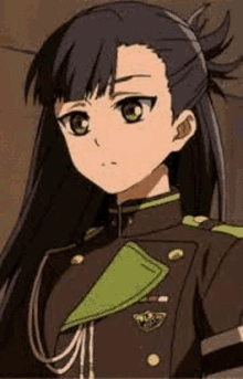 a girl with long black hair is wearing a military uniform and a green collar .