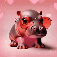 a cartoon hippo wearing red sunglasses against a pink background