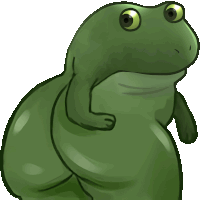 a green frog with a big butt is looking up