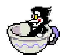 a pixel art drawing of a cat sitting in a cup of tea .