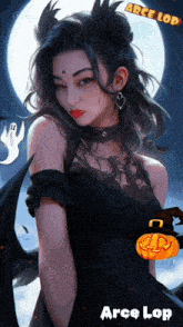 a woman in a black dress has a pumpkin on her waist and the name arcelop is on the bottom