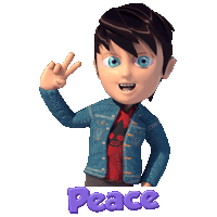 a cartoon character is giving a peace sign and the word peace is below him