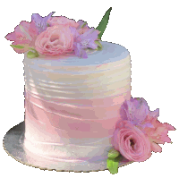 a pink and white cake with pink flowers on it