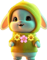 a cartoon bunny wearing a yellow hat and sweater with flowers on it