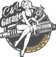 a logo for c & l garage design center with a pinup girl