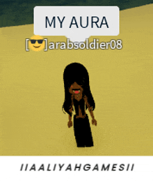 a girl in a black dress is standing on a sandy beach with the words my aura above her