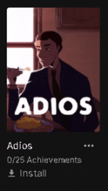 a man in a suit and tie is sitting at a table with a plate of food in front of him and the words adios on it