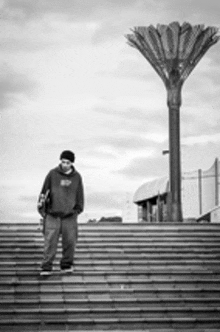 a man is standing on a set of stairs with a skateboard in his hand .