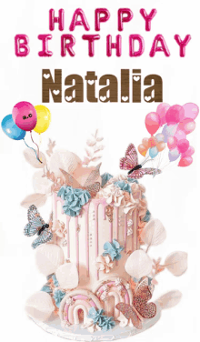 a birthday card for natalia with a cake and balloons on it