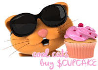 a cartoon cat wearing sunglasses is holding a pink cupcake with the words cool cats buy $ cupcake below it