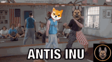 a group of people standing in front of a mirror with the words " antis inu " written on the bottom