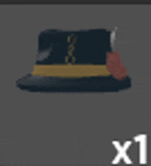 a black and gold top hat with a red ribbon and a sword .