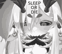 a black and white drawing of a woman with horns and the words sleep or die above her